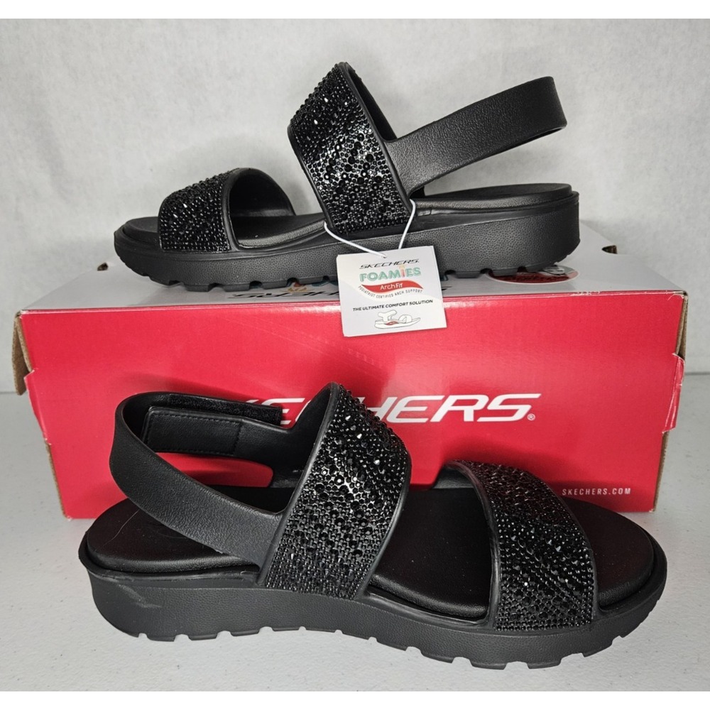 Skechers Black Sandals Beaded 9 Foamies Arch Fit Footstep Enchant Women US NEW